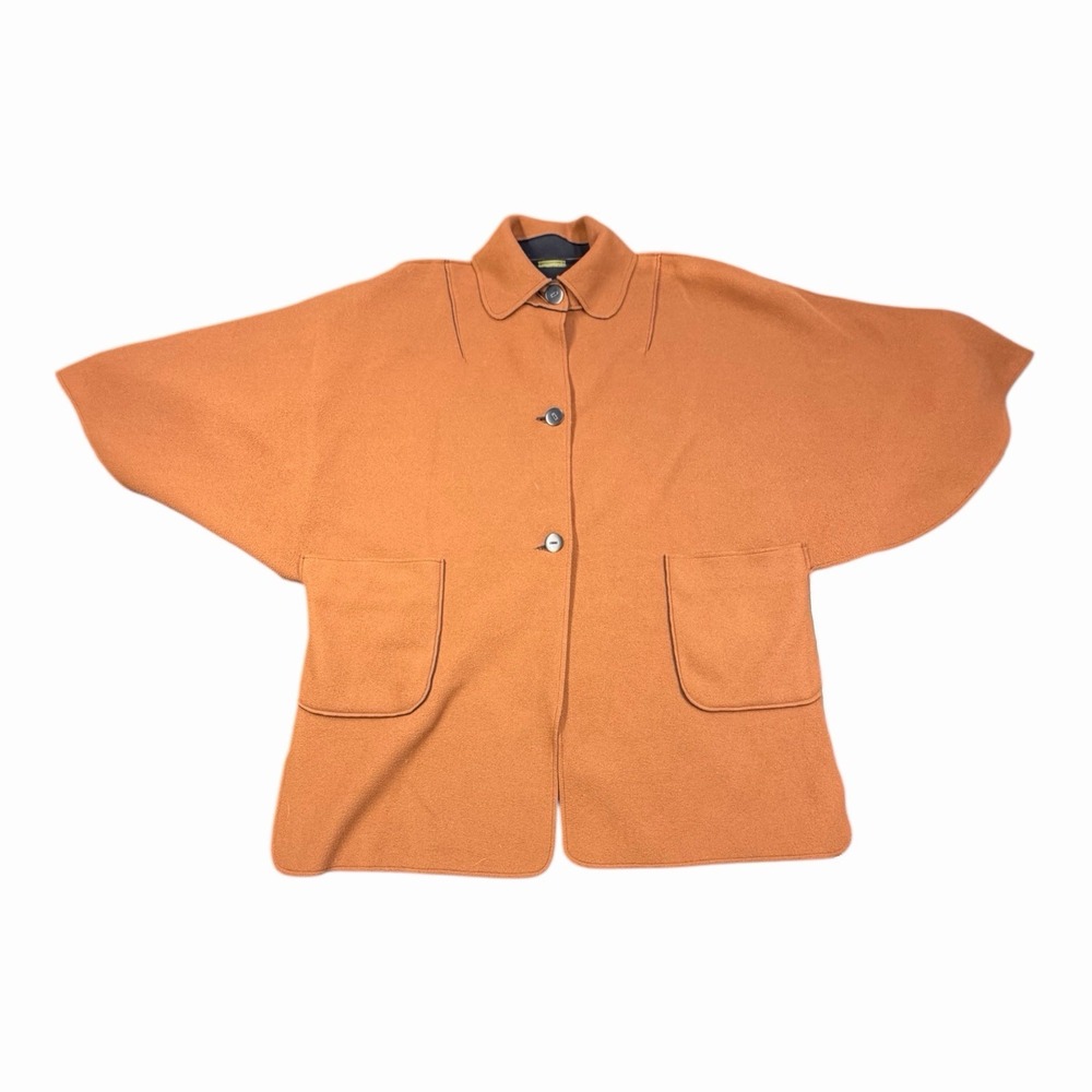 Vintage Orange Wool Cape‎ Coat with Patch Pockets and Button Front